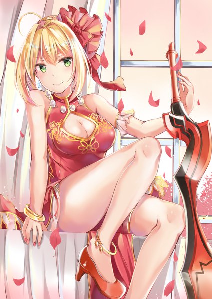Anime picture 850x1200 with fate (series) fate/grand order nero claudius (fate) nero claudius (fate/extra) konka single tall image looking at viewer blush fringe short hair breasts light erotic blonde hair smile hair between eyes sitting bare shoulders holding green eyes