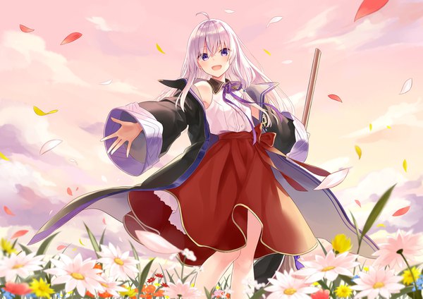 Anime picture 1500x1061 with majo no tabitabi elaina (majo no tabitabi) azuuru single long hair looking at viewer blush fringe open mouth hair between eyes standing purple eyes bare shoulders holding sky purple hair cloud (clouds) ahoge outdoors :d