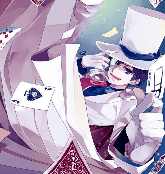 Anime picture 1024x1078 with detective conan magic kaito kaito kid amezawa koma tall image short hair blue eyes brown hair night joker boy gloves hat necktie pants cloak suit card (cards) top hat monocle