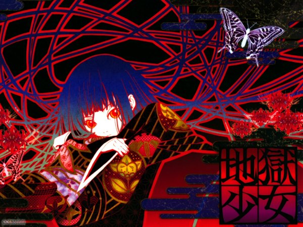 Anime picture 1024x768 with hell girl studio deen enma ai tagme (artist) single long hair looking at viewer fringe red eyes blue hair upper body traditional clothes japanese clothes inscription wide sleeves copyright name hieroglyph black background egasumi hand on shoulder