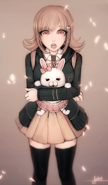 Anime-Bild 2000x3400 mit dangan ronpa super dangan ronpa 2 nanami chiaki matilda vin single long hair tall image looking at viewer highres open mouth simple background brown hair holding signed long sleeves pleated skirt pink eyes blurry zettai ryouiki hug