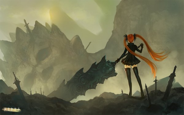 Anime picture 1277x800 with original ariver kao long hair wide image standing twintails from behind orange hair back dark background thighhighs dress gloves bow weapon black thighhighs hair bow sword boots black dress