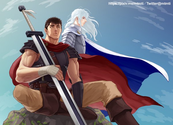 Anime picture 1171x850 with berserk guts griffith zonzgong long hair fringe short hair blue eyes black hair holding brown eyes signed looking away sky cloud (clouds) bent knee (knees) outdoors white hair profile wind