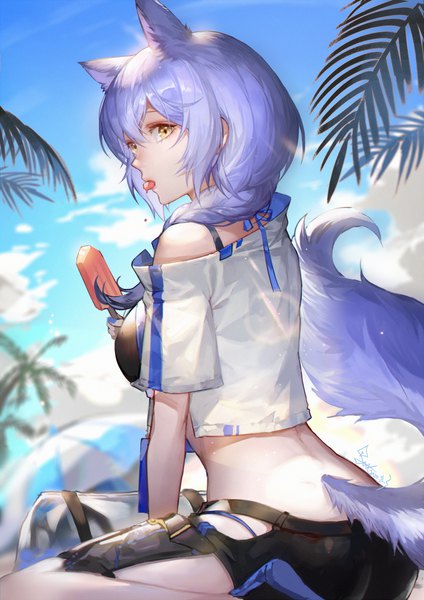 Anime picture 1800x2546 with arknights provence (arknights) spade-m single long hair tall image fringe highres hair between eyes sitting holding signed animal ears yellow eyes payot sky purple hair cloud (clouds) tail braid (braids)