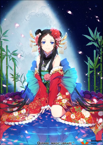 Anime picture 640x896 with original hakusai (tiahszld) single tall image looking at viewer blue eyes black hair very long hair hair flower girl dress hair ornament flower (flowers) petals moon