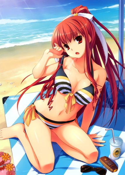 Anime picture 4312x6047 with nakajima yuka long hair tall image highres open mouth light erotic red eyes absurdres ponytail red hair beach bikini pull sunglasses removed girl navel ribbon (ribbons) swimsuit hair ribbon bikini sunglasses