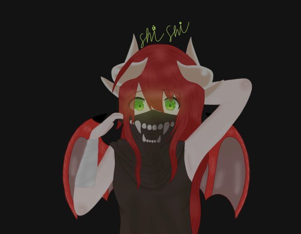 Anime picture 1464x1136 with original shishi gum single long hair looking at viewer fringe simple background hair between eyes green eyes signed upper body red hair horn (horns) arms up glowing black background arm behind head glowing eye (eyes) dragon girl dragon wings