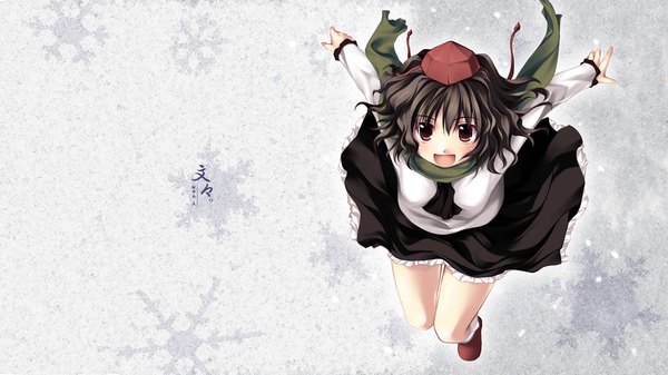 Anime picture 1280x720 with touhou shameimaru aya tateha (marvelous grace) single blush open mouth wide image from above wallpaper snowing winter girl skirt uniform hat necktie scarf snowflake (snowflakes)