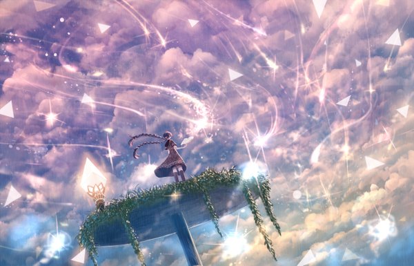 Anime picture 1225x787 with original bounin single long hair brown hair sky cloud (clouds) braid (braids) very long hair from behind twin braids back glowing glow girl thighhighs dress black thighhighs plant (plants) book (books)