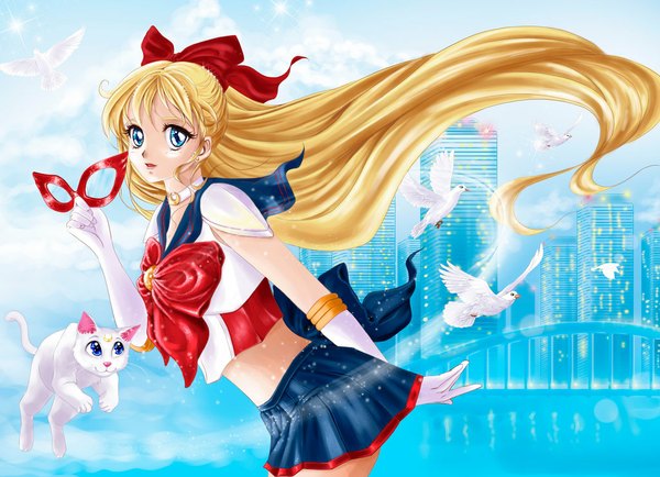 Anime picture 1024x742 with bishoujo senshi sailor moon toei animation aino minako sailor venus artemis (sailor moon) pillara long hair looking at viewer blue eyes blonde hair sky cloud (clouds) very long hair pleated skirt sparkle midriff city cityscape jumping girl