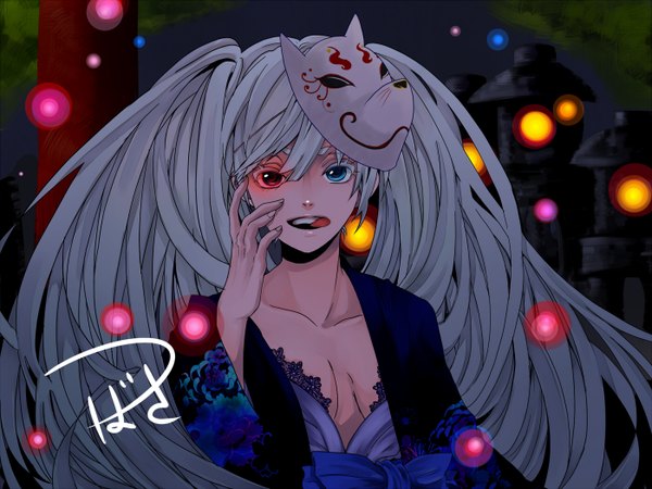 Anime picture 1400x1050 with original tubasa taka single long hair looking at viewer breasts open mouth twintails traditional clothes fingernails aqua hair night teeth heterochromia glowing glowing eye (eyes) glow mask on head girl tongue