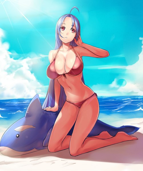 Anime picture 1252x1500 with idolmaster miura azusa saiste single long hair tall image breasts light erotic red eyes large breasts blue hair sand girl navel swimsuit bikini sea red bikini inflatable toy inflatable dolphin
