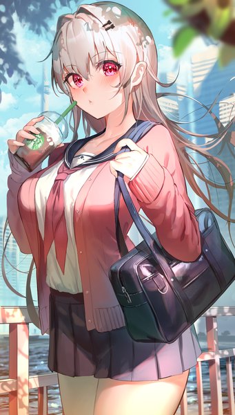 Anime picture 1273x2243 with original starbucks kinoruru toiro single long hair tall image looking at viewer blush fringe breasts hair between eyes large breasts standing holding payot sky silver hair cloud (clouds) outdoors long sleeves