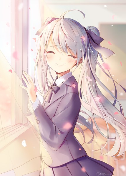 Anime picture 1000x1403 with vocaloid sakura no ame (vocaloid) hatsune miku hazuki natsu single long hair tall image blush fringe smile hair between eyes standing twintails signed payot silver hair ahoge indoors eyes closed long sleeves