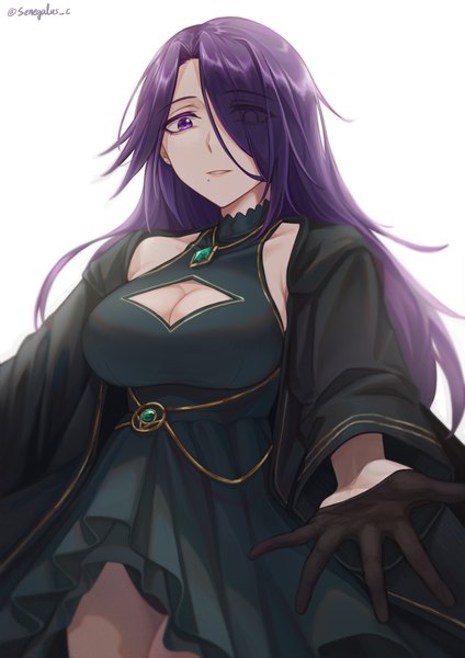Anime picture 2480x3508 with kage no jitsuryokusha ni naritakute! aurora (kage no jitsuryokusha ni naritakute!) senegalus c single long hair tall image looking at viewer fringe highres light erotic simple background white background purple eyes signed cleavage purple hair hair over one eye mole twitter username cleavage cutout
