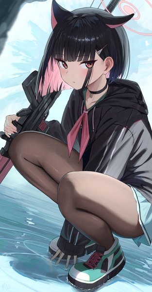 Anime picture 1604x3075 with blue archive kazusa (blue archive) hidulume single tall image looking at viewer fringe short hair black hair red eyes animal ears pink hair blunt bangs long sleeves multicolored hair sleeves past wrists squat colored inner hair girl weapon