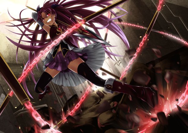 Anime picture 1753x1240 with mahou shoujo madoka magica shaft (studio) sakura kyouko futakabe single long hair highres red eyes red hair battle girl thighhighs skirt weapon black thighhighs miniskirt boots chain