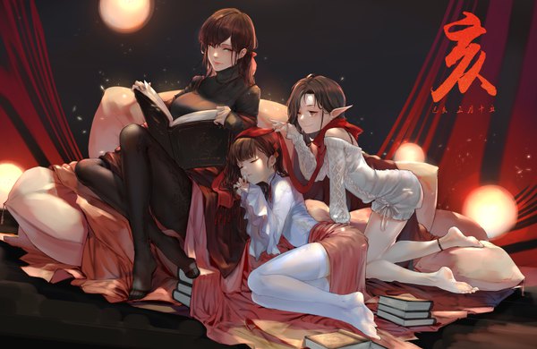 Anime picture 7075x4608 with original yi cat long hair looking at viewer fringe highres smile hair between eyes brown hair multiple girls holding brown eyes green eyes absurdres full body lying eyes closed barefoot pointy ears off shoulder