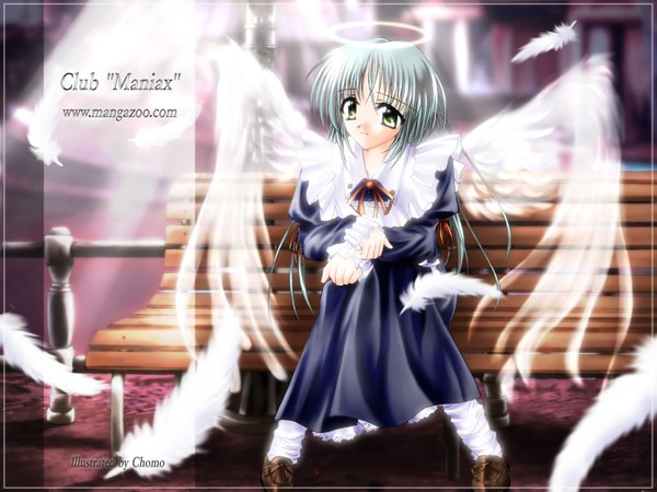 Anime picture 1600x1200 with club maniax maid angel girl wings feather (feathers) bench chomo
