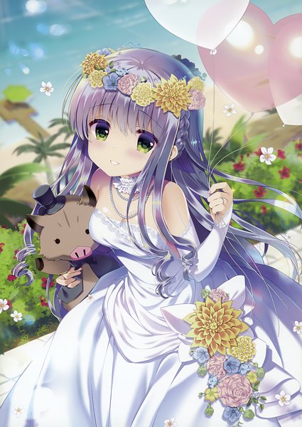 Anime picture 2481x3500 with original melonbooks takashina asahi single long hair tall image looking at viewer blush fringe highres breasts smile hair between eyes standing bare shoulders holding green eyes cleavage purple hair outdoors