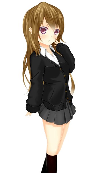 Anime picture 1216x2088 with original cheeuyu single long hair tall image simple background brown hair white background purple eyes girl skirt miniskirt socks black socks sweater