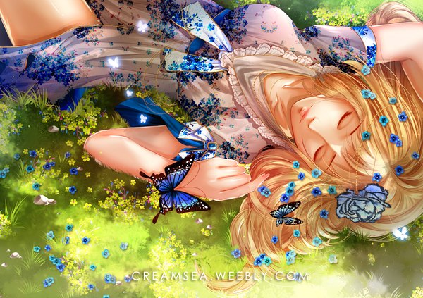 Anime picture 1100x777 with original creamsea single long hair breasts blonde hair signed outdoors lying eyes closed nail polish hair flower fingernails from above lips sunlight short sleeves on back lipstick shiny skin