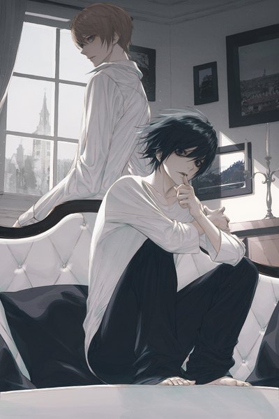 Anime picture 652x979 with death note madhouse yagami light l (death note) wanke tall image looking at viewer fringe short hair black hair hair between eyes brown hair standing sitting brown eyes looking away full body bent knee (knees) indoors parted lips