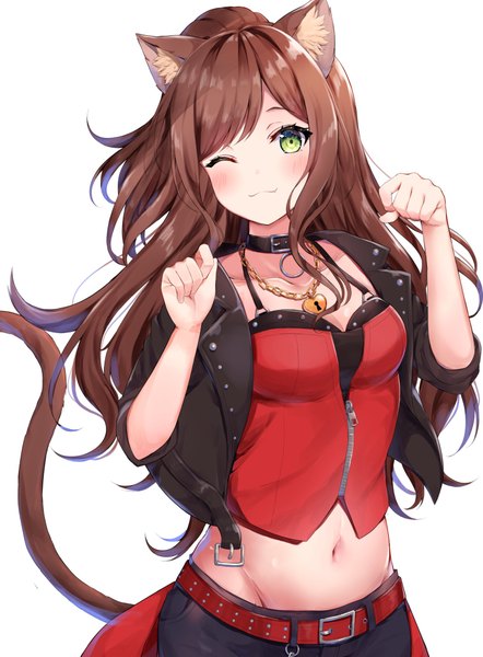 Anime picture 1508x2048 with bang dream! imai lisa mia (fai1510) single long hair tall image blush fringe simple background brown hair standing white background green eyes animal ears payot ponytail tail animal tail one eye closed wink