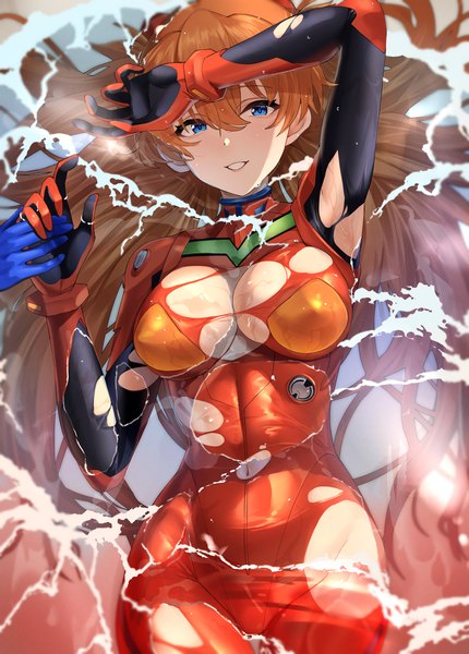 Anime picture 3031x4230 with neon genesis evangelion gainax soryu asuka langley fujitsubo (hujitubo0731) long hair tall image looking at viewer blush fringe highres breasts blue eyes light erotic hair between eyes large breasts absurdres cleavage lying parted lips arm up
