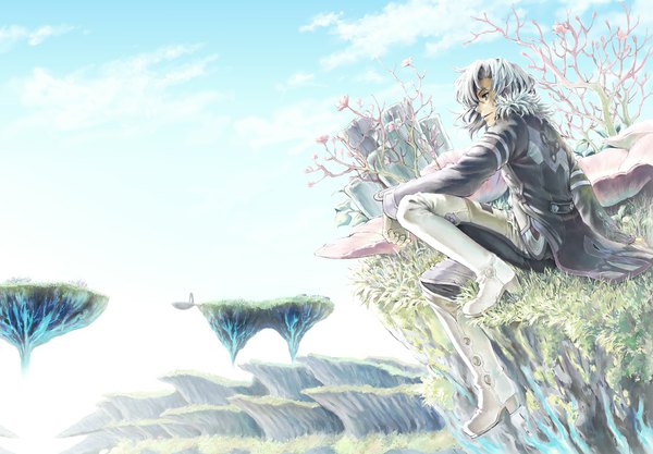 Anime picture 1149x800 with beco single short hair sitting purple eyes sky silver hair cloud (clouds) boy flower (flowers) plant (plants) tree (trees) boots thigh boots grass coat