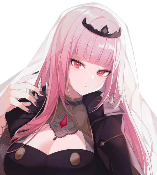 Anime picture 1899x2112 with virtual youtuber hololive hololive english mori calliope mori calliope (1st costume) saibe single long hair tall image fringe highres breasts simple background large breasts white background pink hair cleavage upper body blunt bangs nail polish