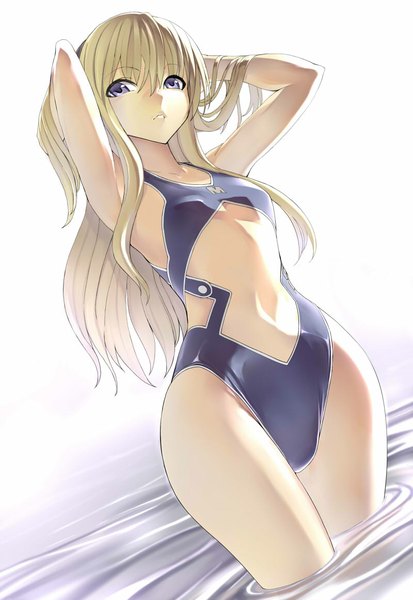 Anime picture 800x1162 with quiz magic academy shalon hakaba (dairiseki) single long hair tall image looking at viewer blue eyes light erotic blonde hair midriff girl swimsuit water