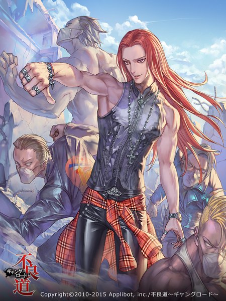 Anime picture 1500x2000 with furyou michi ~gang road~ ozma (ozmakku) long hair tall image short hair blonde hair red eyes brown hair standing bare shoulders looking away sky cloud (clouds) outdoors red hair parted lips wind multiple boys sleeveless copyright name