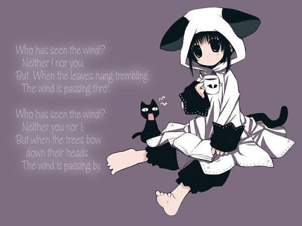 Anime picture 1024x768 with pita ten shia (pita ten) barefoot text english hat cat pajamas poem nyaa-san