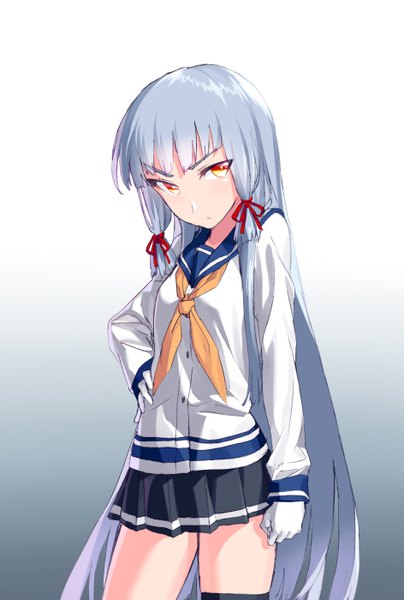 Anime picture 943x1400 with kantai collection murakumo destroyer blew andwhite single tall image looking at viewer fringe breasts very long hair head tilt grey hair orange eyes zettai ryouiki hand on hip gradient background eyebrows cosplay tress ribbon isokaze destroyer (cosplay) girl