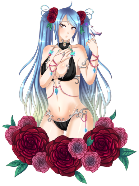 Anime picture 1024x1374 with league of legends sona buvelle hyldenia single tall image blush breasts light erotic large breasts twintails brown eyes blue hair looking away very long hair transparent background girl navel swimsuit animal bikini