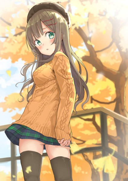 Anime picture 1000x1414 with original maigoyaki single long hair tall image looking at viewer blush fringe light erotic brown hair green eyes payot ass outdoors parted lips wind blurry sleeves past wrists plaid skirt autumn