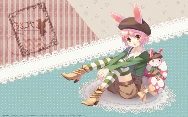 Anime picture 1920x1200 with original li (liras) single blush highres short hair open mouth wide image yellow eyes pink hair bunny ears girl thighhighs hat shorts boots toy stuffed animal striped thighhighs