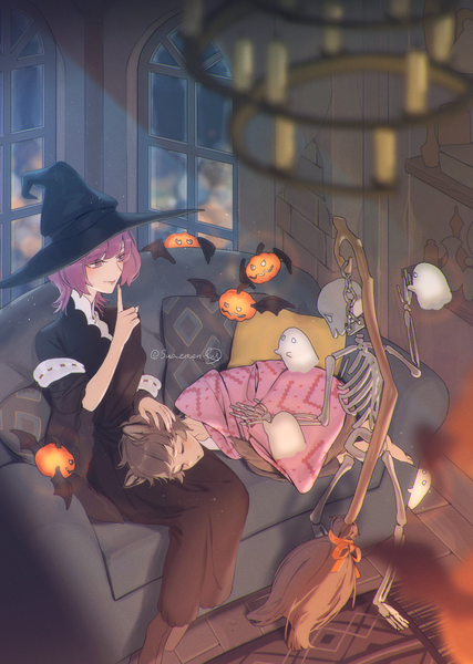 Anime picture 1067x1500 with original sua lucid tall image short hair brown hair multiple girls animal ears purple hair indoors tail eyes closed animal tail from above finger to mouth halloween sleeping ghost witch skeleton girl