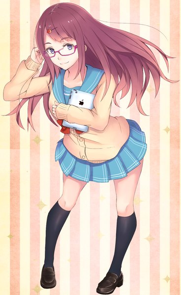 Anime picture 1022x1666 with original apple inc. saitou (lynx-shrike) single long hair tall image looking at viewer fringe blue eyes smile brown hair standing holding pleated skirt adjusting hair striped striped background girl skirt uniform