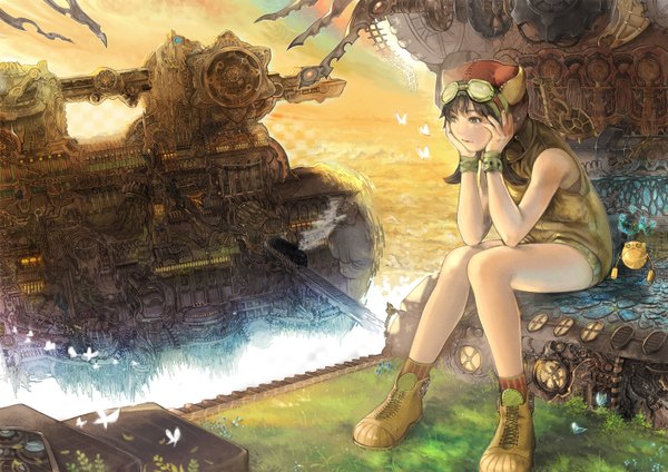 Anime picture 1414x1000 with original maki takaya single blush fringe short hair brown hair sitting green eyes sleeveless knees touching goggles on head girl socks boots bracelet headdress insect butterfly goggles