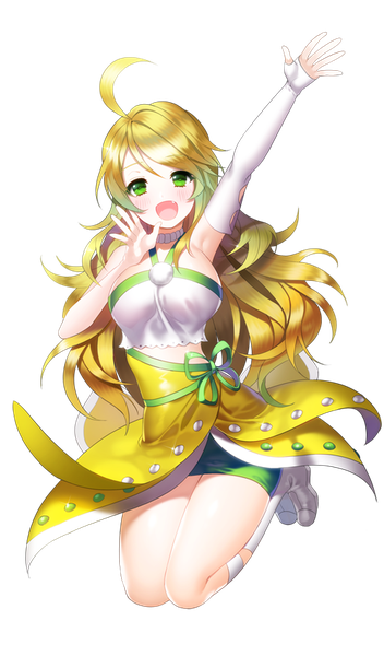 Anime picture 500x850 with idolmaster hoshii miki aile (crossroads) single long hair tall image looking at viewer blush open mouth blonde hair green eyes full body ahoge outstretched arm transparent background jumping floral (idolmaster) vital sunflower girl detached sleeves