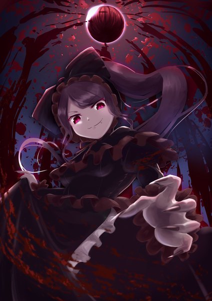 Anime picture 1414x2000 with overlord (maruyama) madhouse shalltear bloodfallen tagame (tagamecat) single long hair tall image looking at viewer fringe breasts smile red eyes standing payot purple hair ponytail fingernails night from below fang (fangs)
