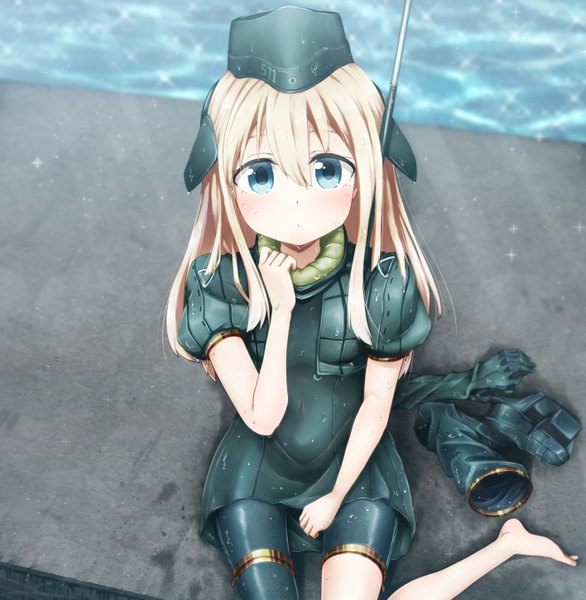 Anime picture 1416x1450 with kantai collection u-511 submarine giorgio claes single long hair tall image looking at viewer blush fringe blue eyes blonde hair sitting short sleeves wet wet clothes girl gloves uniform water