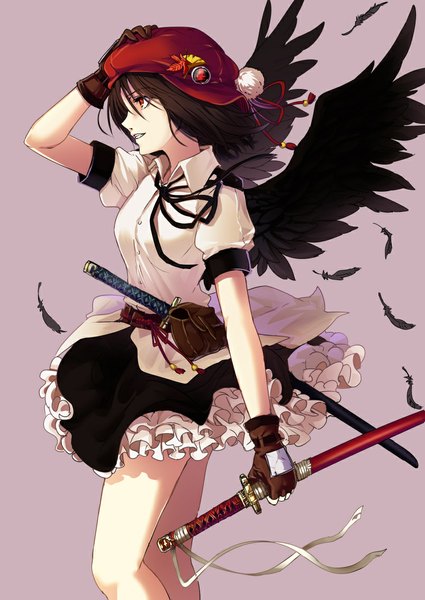 Anime picture 803x1133 with touhou shameimaru aya cibo (killy) single tall image short hair breasts black hair red eyes standing holding bent knee (knees) parted lips profile arm up light smile pink background hand on head black wings dual wielding