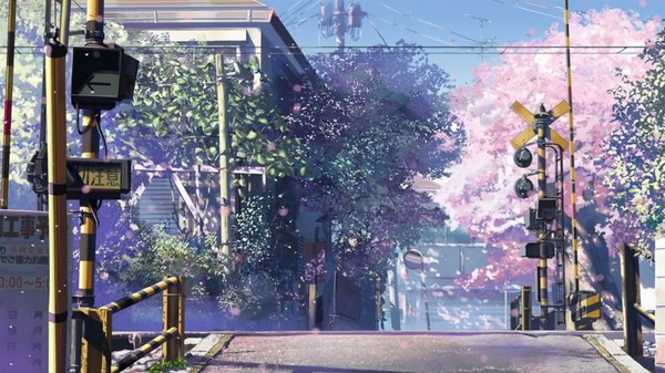 Anime-Bild 1920x1080 mit 5 centimeters per second highres wide image cherry blossoms landscape plant (plants) tree (trees) building (buildings) road traffic sign traffic lights railways
