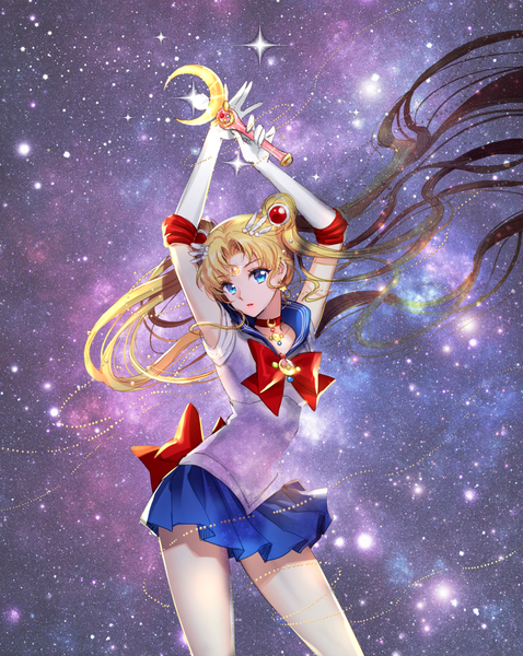 Anime picture 1024x1286 with bishoujo senshi sailor moon toei animation tsukino usagi sailor moon nardack darkemoblood single long hair tall image looking at viewer blue eyes blonde hair standing very long hair pleated skirt hair bun (hair buns) space girl skirt gloves