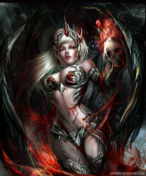 Anime picture 1400x1691 with sangrde single long hair tall image looking at viewer breasts light erotic red eyes silver hair lips black wings girl navel hair ornament wings skull