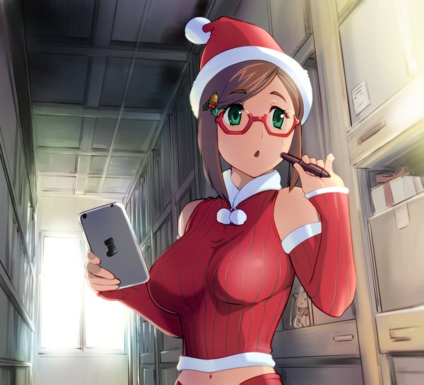 Anime picture 1200x1091 with original ueyama michirou single short hair open mouth brown hair bare shoulders green eyes looking away bare belly christmas girl navel hair ornament hat detached sleeves glasses window hairclip gift