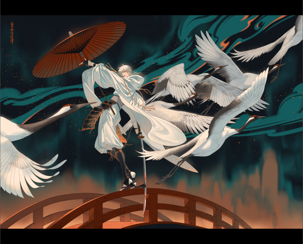 Anime picture 1105x891 with touken ranbu nitroplus tsurumaru kuninaga torinmo single looking at viewer fringe open mouth standing holding outdoors white hair traditional clothes japanese clothes arm up orange eyes bleeding flock boy gloves